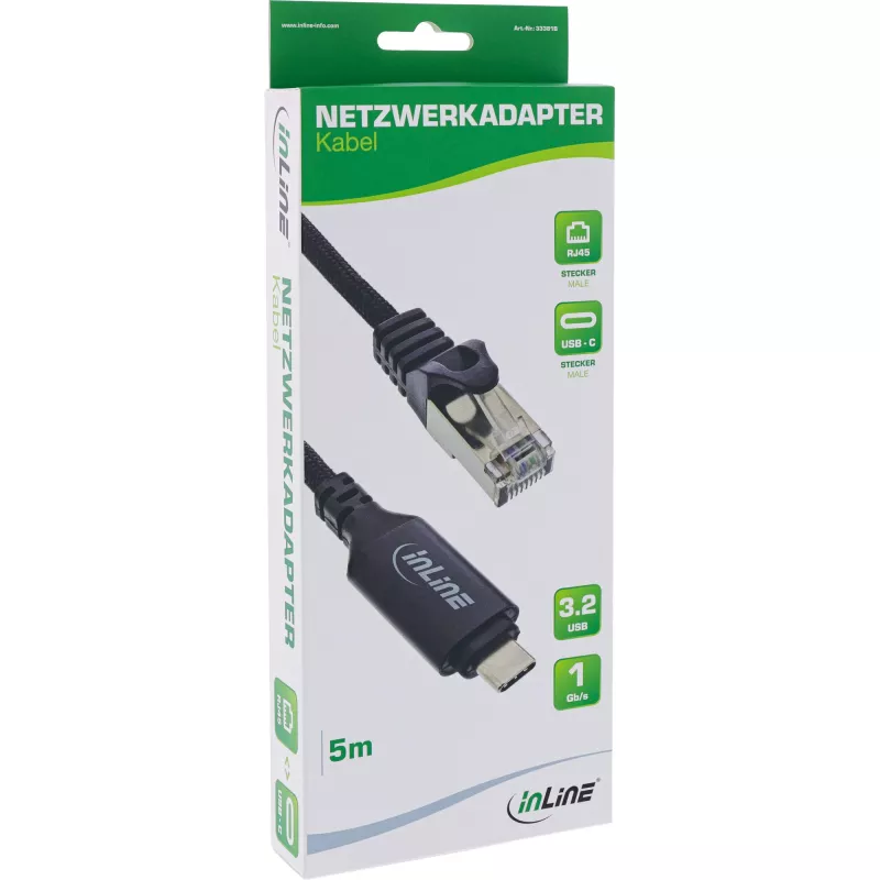 Tīkla kabelis InLine 33381B USB-C uz RJ45 Gigabit 5m Melns