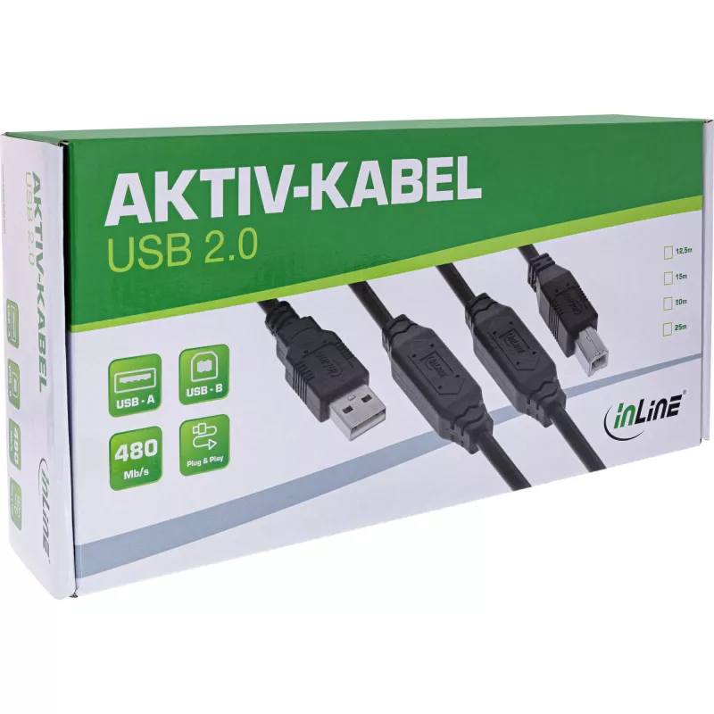 InLine USB 2.0 aktīvais kabelis, USB-A vīr. uz USB-B vīr., 12,5 m