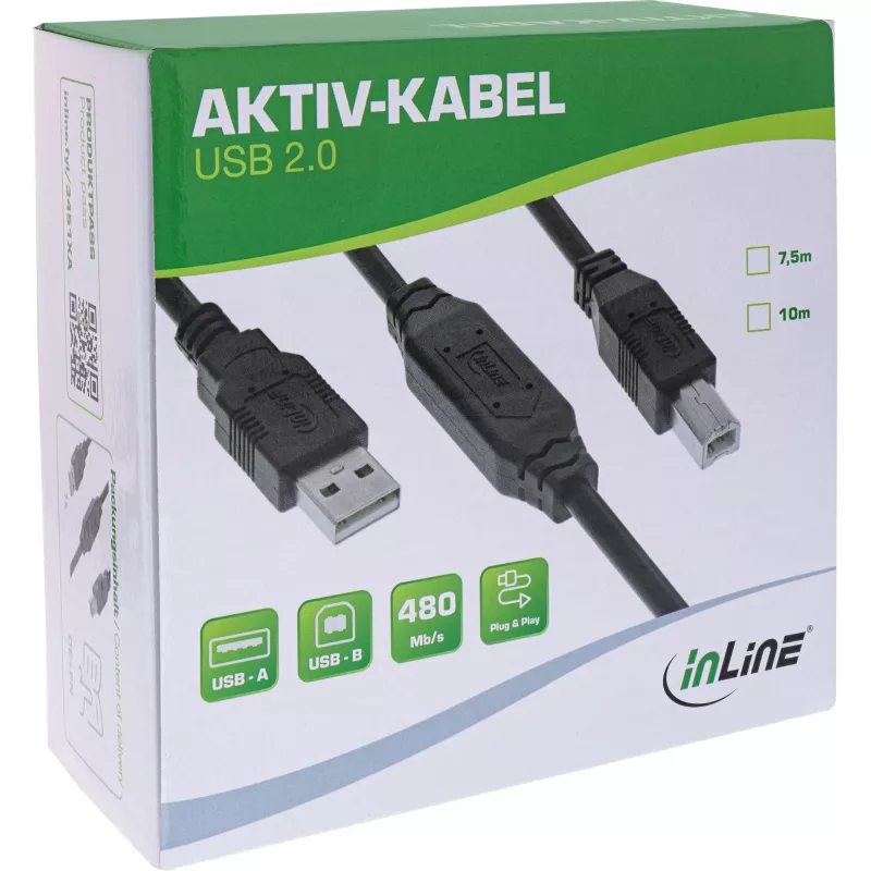InLine USB 2.0 aktīvais kabelis, USB-A vīrišķais - USB-B vīrišķais, 7,5 m