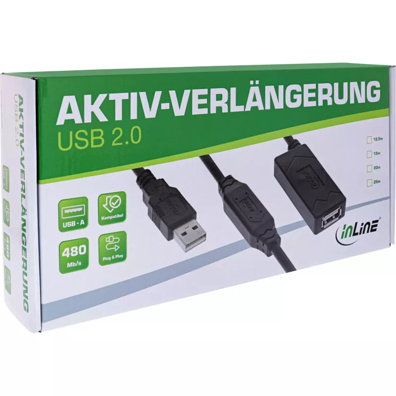 InLine USB 2.0 aktīvais pagarinātājs USB-A vīr./sieviš. 25m 0,48 Gbit/s