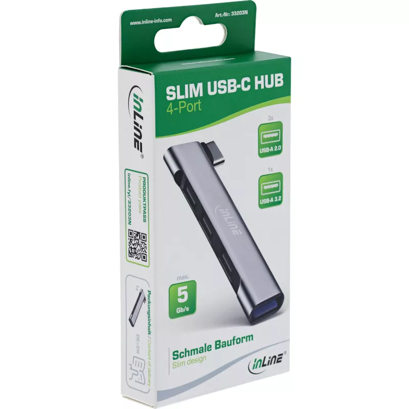 InLine plāns USB-C centrmezgls, 4 porti, USB 3.0 + 3x USB 2.0, plāns dizains