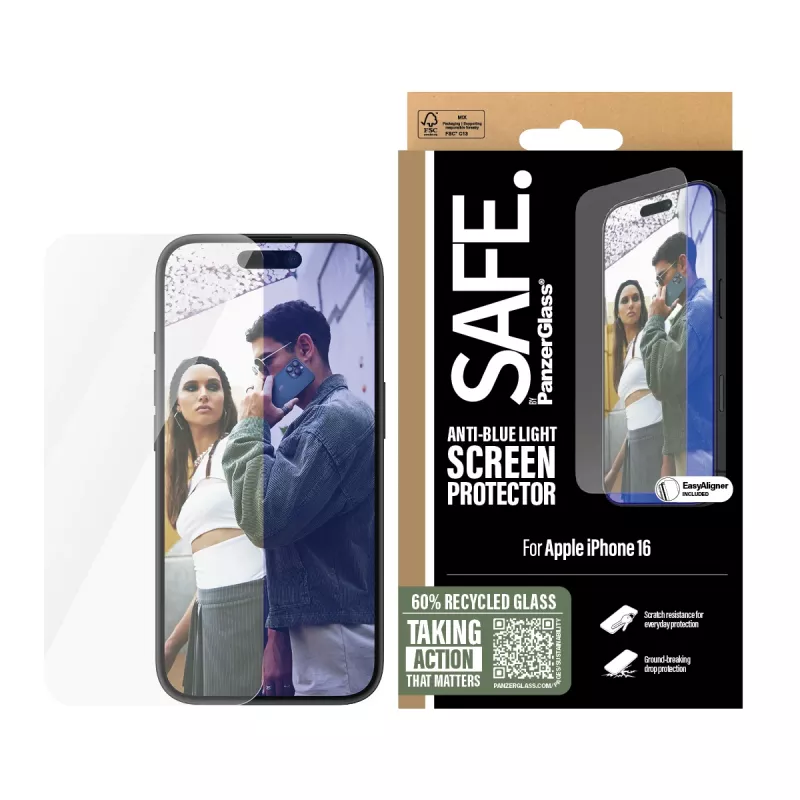 PanzerGlass SAFE. by ® pret zilās gaismas ekrāna aizsargs iPhone 16 | 15 | īpaši plats