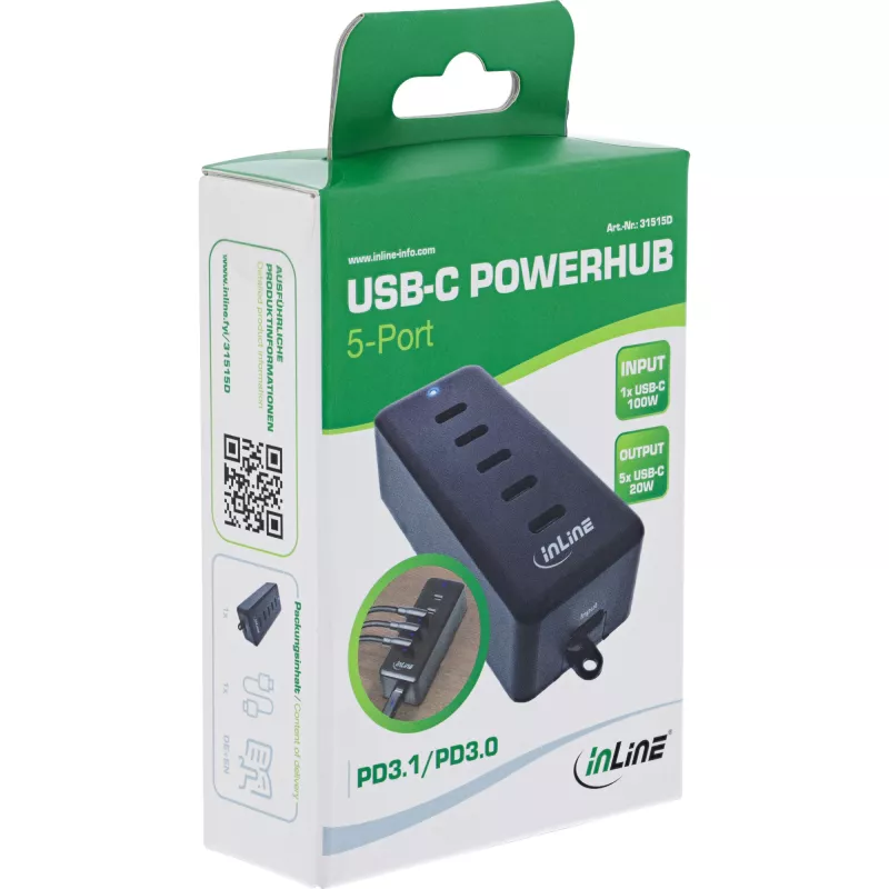 InLine USB-C pagarinātājs 5 pieslēgvietu 100 W iekštelpu lādētājs ar universālu savietojamību
