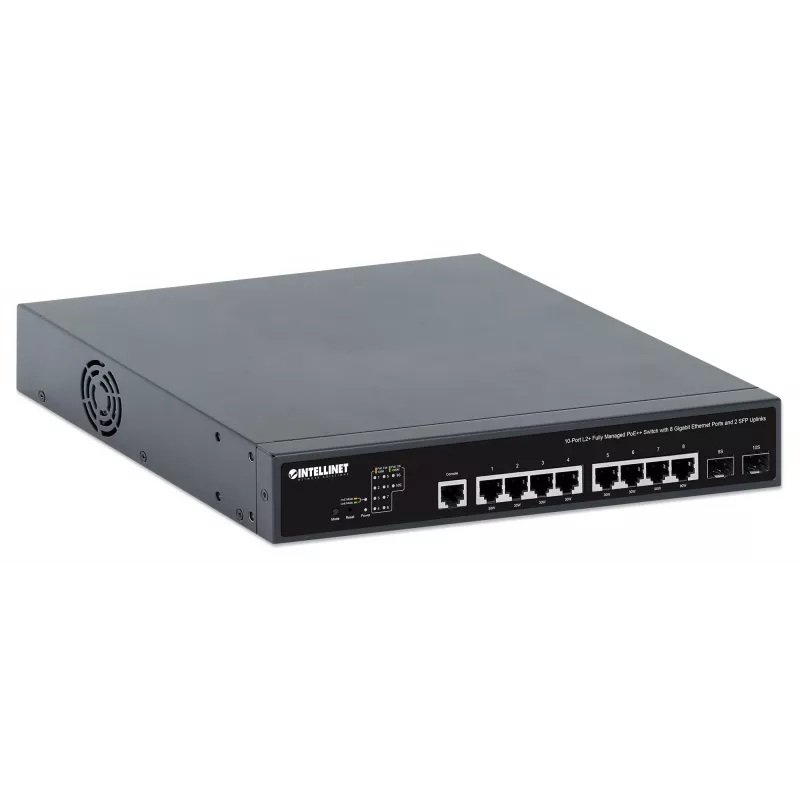 Intellinet 10 portu L2+ pilnībā pārvaldāms PoE++ slēdzis ar 8 Gigabitu Ethernet portiem un 2 SFP augšsaitēm
