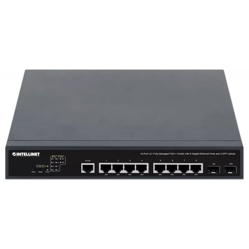 Intellinet 10 portu L2+ pilnībā pārvaldāms PoE++ slēdzis ar 8 Gigabitu Ethernet portiem un 2 SFP augšsaitēm