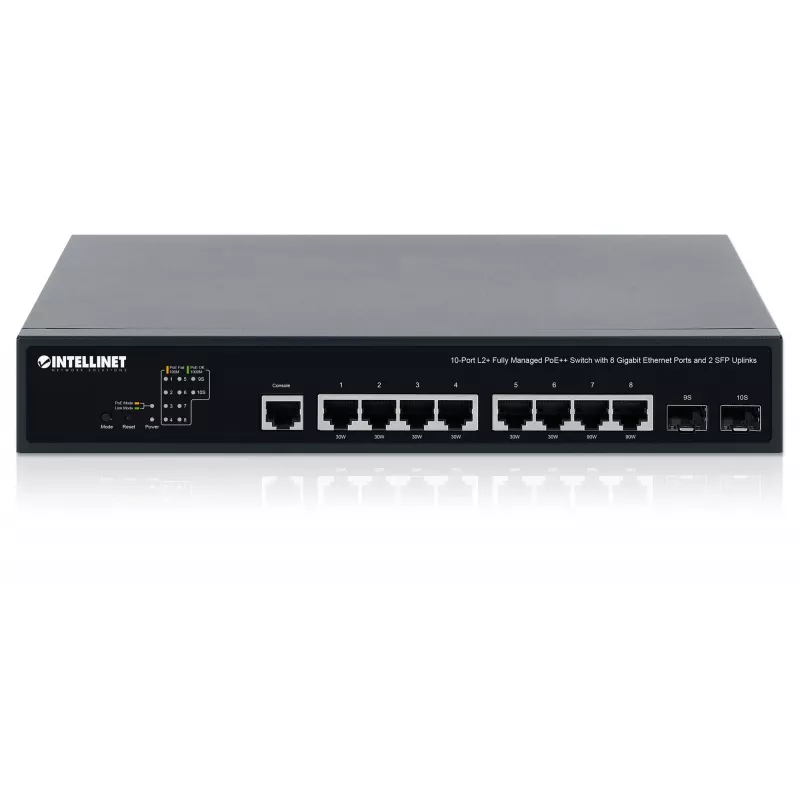 Intellinet 10 portu L2+ pilnībā pārvaldāms PoE++ slēdzis ar 8 Gigabitu Ethernet portiem un 2 SFP augšsaitēm