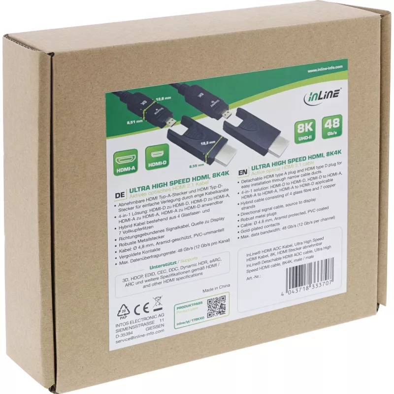 InLine HDMI AOC kabelis, īpaši ātrdarbīgs HDMI, 8K4K, noņemams savienotājs, 10m