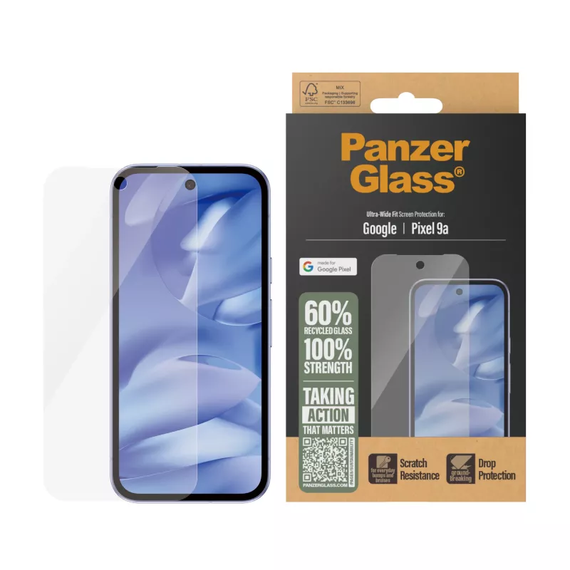 Ekrāna aizsargs PanzerGlass Google Pixel 9a Ultra-Wide Fit pret skrāpējumiem un triecieniem izturīgs