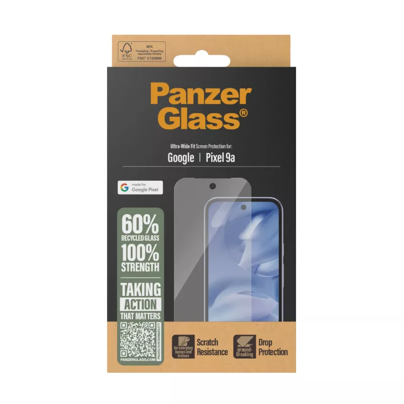 Ekrāna aizsargs PanzerGlass Google Pixel 9a Ultra-Wide Fit pret skrāpējumiem un triecieniem izturīgs