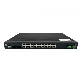 LevelOne 28-Port L2 Plus pārvaldīts PoE rūpnieciskais slēdzis, 4 x 1/2.5/10GbE SFP+, 24 PoE izejas, 370W, 802.3AF/AT/BT PoE, 19 collu statīva stiprinājums, -40°C līdz 80°C