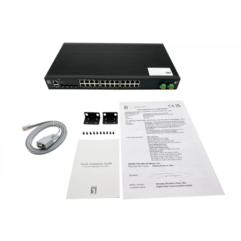 LevelOne 28-Port L2 Plus pārvaldīts PoE rūpnieciskais slēdzis, 4 x 1/2.5/10GbE SFP+, 24 PoE izejas, 370W, 802.3AF/AT/BT PoE, 19 collu statīva stiprinājums, -40°C līdz 80°C