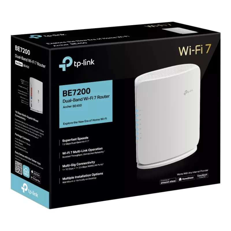Bezvadu maršrutētājs TP‑Link Archer BE450 — divjoslu (2,4/5 GHz), Wi‑Fi 7, vairākpakāpju Gigabit Ethernet, 5x LAN, USB, balts