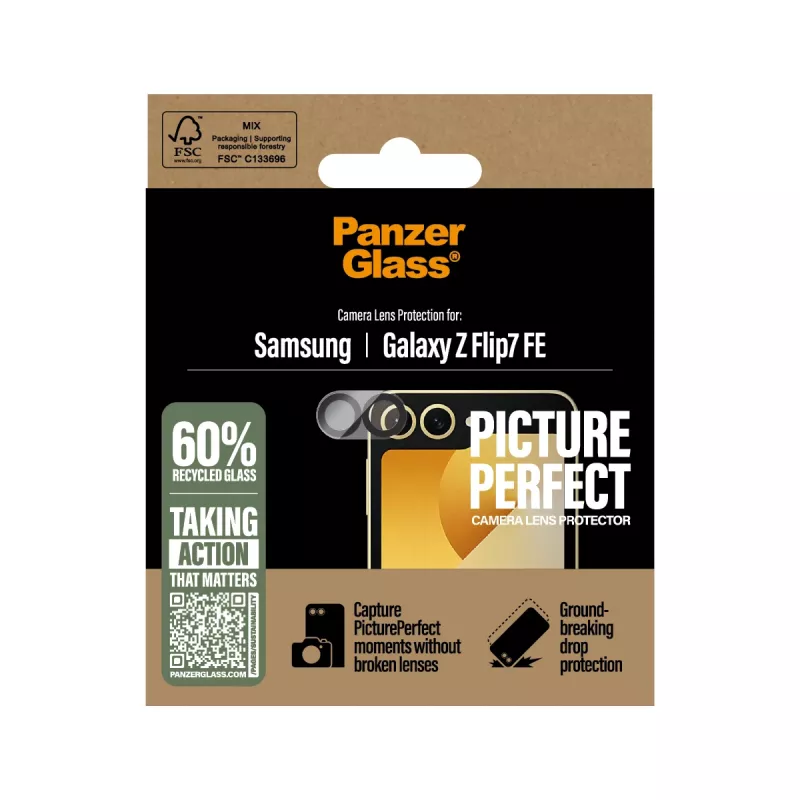 Kameras objektīva aizsargs PanzerGlass PicturePerfect Samsung Galaxy Z Flip7 FE — rūdīts stikls, silikons, caurspīdīgs, 1 gab.