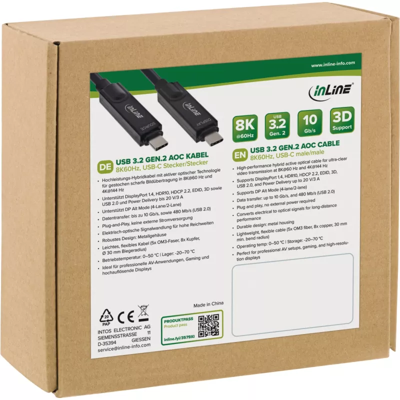 USB 3.2 Gen 2 aktīvais optiskais kabelis InLine 35795I 8K60Hz, 60W strāvas padeve