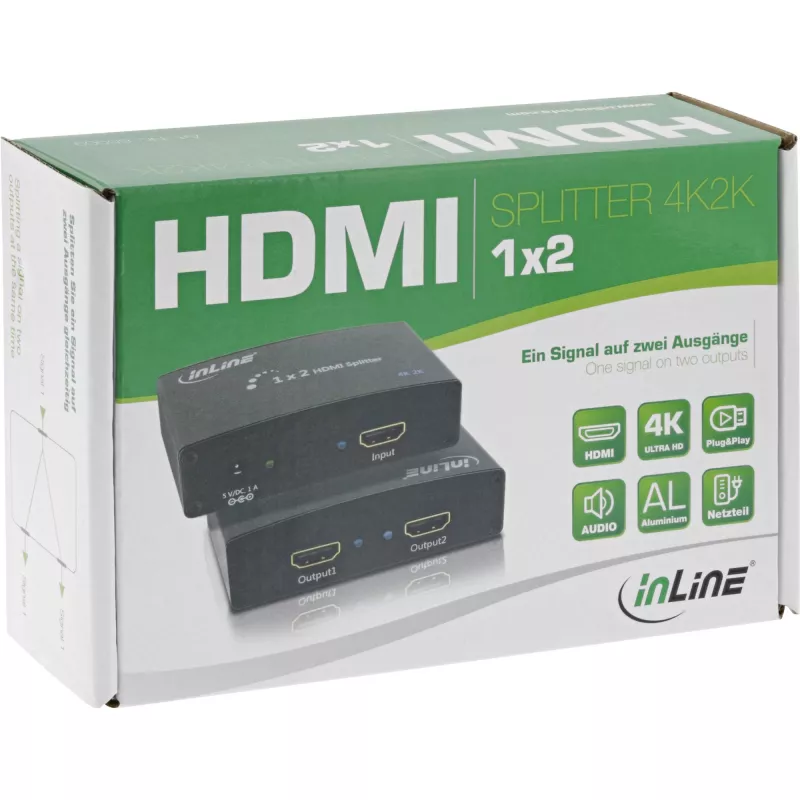 InLine HDMI sadalītājs/izplatītājs, 2 portu, savietojams ar 4K2K