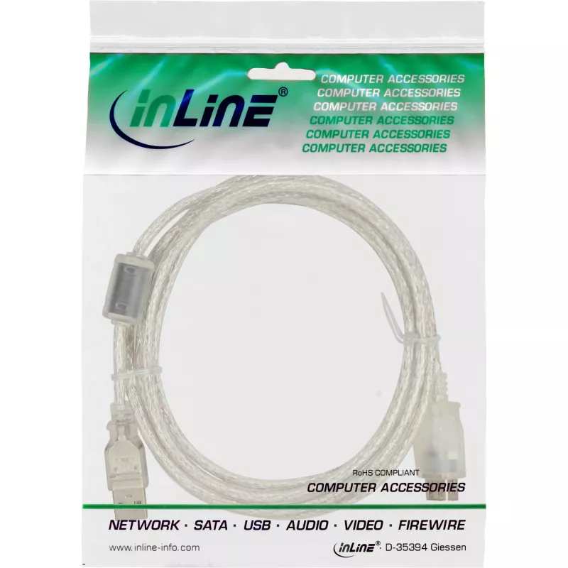 InLine USB 2.0 pagarinātāja kabelis, A tips vīr./sievišķais, caurspīdīgs, ar ferītu, 5 m