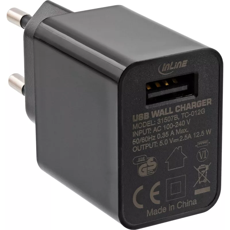 InLine USB strāvas adapteris Single, 100–240 V uz 5 V/2,5 A, melns