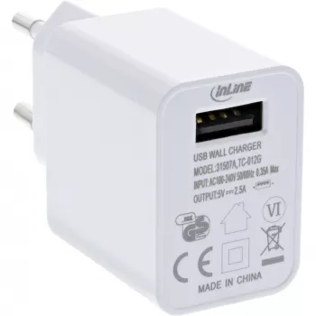 InLine USB strāvas adapteris viens, 100–240 V uz 5 V/2,5 A, balts