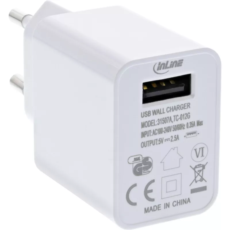 InLine USB strāvas adapteris viens, 100–240 V uz 5 V/2,5 A, balts