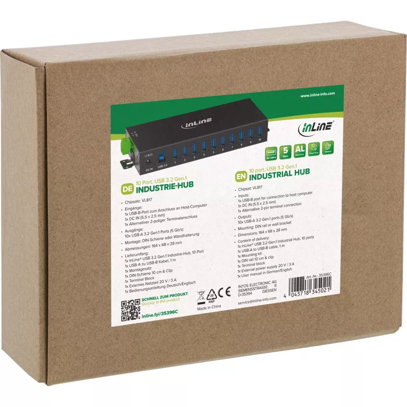 InLine 35396C interfeisa centrmezgls USB 3.2 Gen 1 (3.1 Gen 1) Type-B 5000 Mbit/s Melns