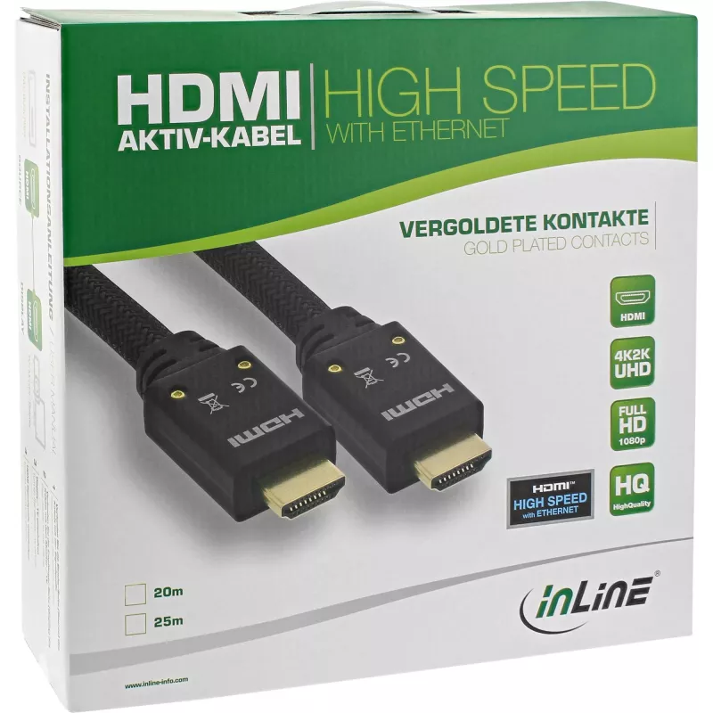 InLine HDMI aktīvais kabelis, HDMI-High Speed ar Ethernet, M/M, neilona pinums, 20 m