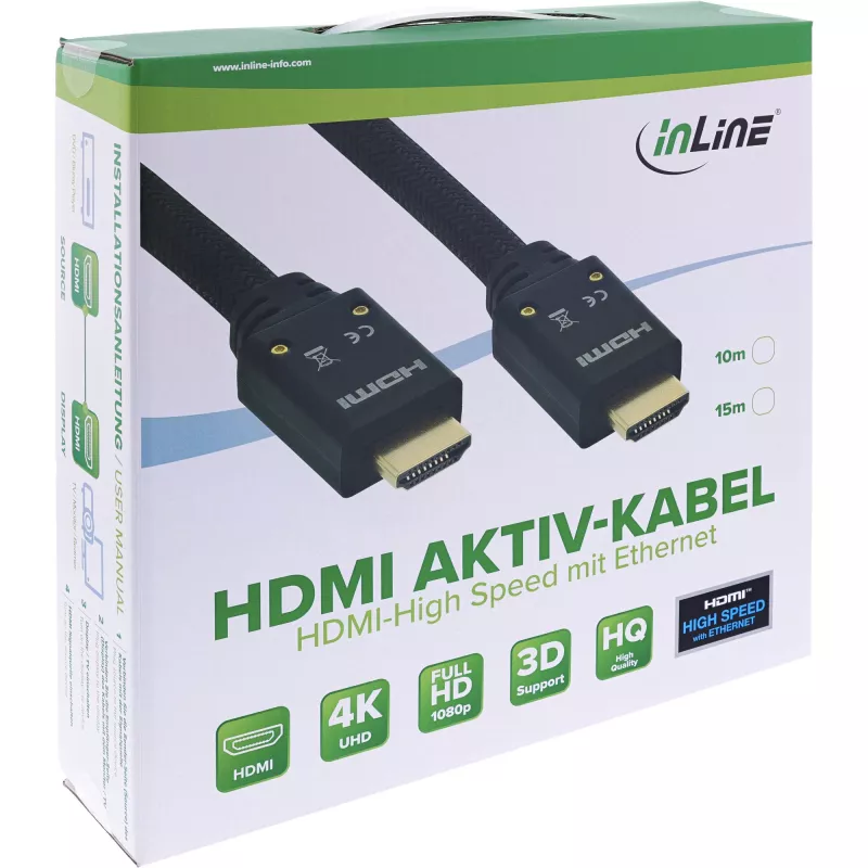 InLine HDMI aktīvais kabelis, HDMI-High Speed ar Ethernet, M/M, neilona pinums, 10m