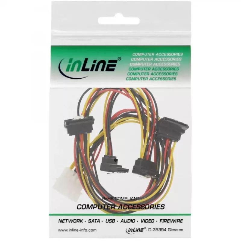 InLine iekšējais strāvas Y-kabelis 1x Molex / 4x SATA leņķveida ar fiksatoriem 0.40+0.55m