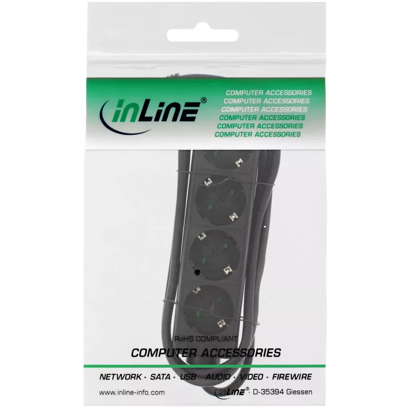 InLine kontaktligzdu sadalītājs, 4-virzienu zemējuma kontakts CEE 7/3, melns, 3m