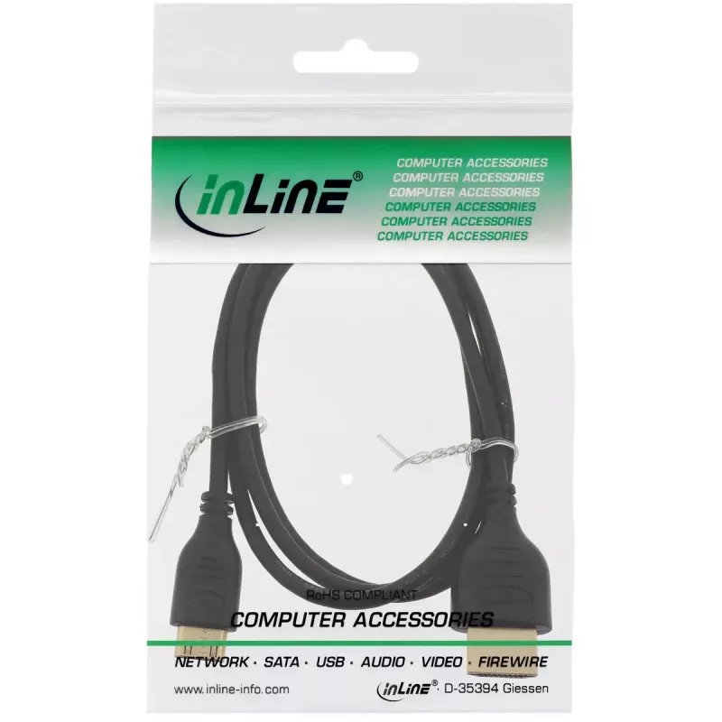 InLine High Speed HDMI kabelis ar Ethernet, AM/CM, īpaši plāns, melns/zelts, 0.5m