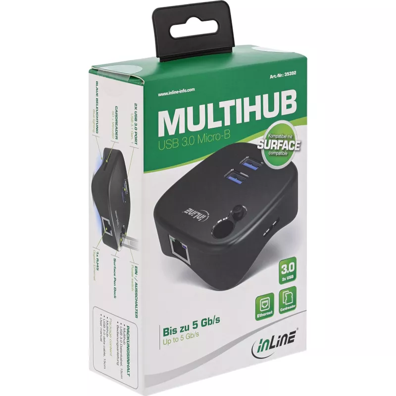 InLine USB 3.0 multiadapters, 2xUSB-A, RJ45, SD/MicroSD karšu lasītājs, melns