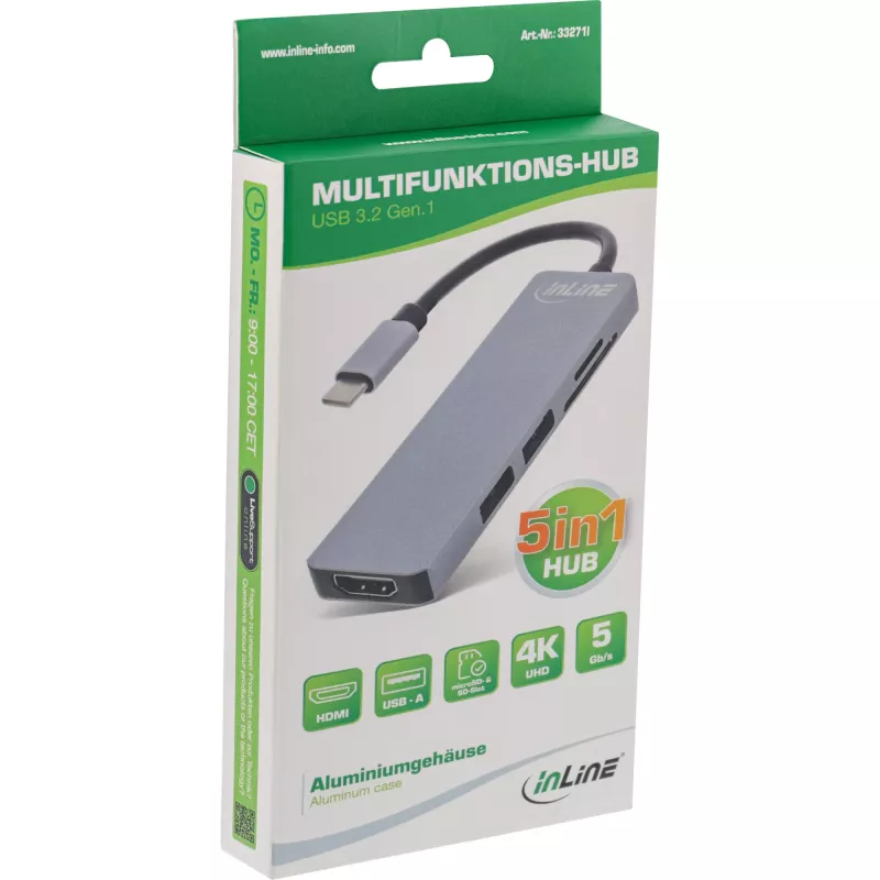 InLine Multi-hub USB 3.2 Gen.1, 2x USB-A, HDMI 4K/30Hz, karšu lasītājs, alumīnija, pelēks
