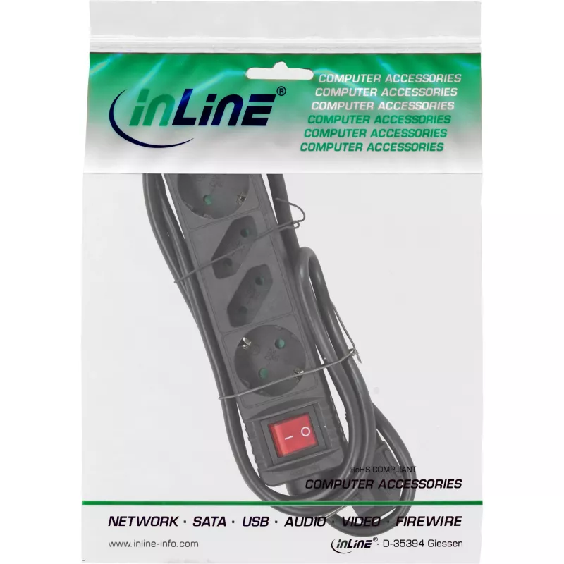InLine kontaktligzdu bloks, 4-virzienu, 2x CEE7/3 + 2x Euro CEE 7/16, melns, 5m