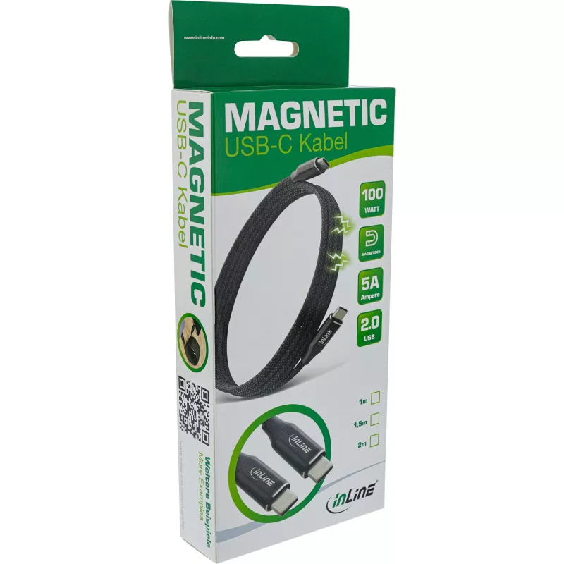 InLine Magnetic USB-C kabelis, USB-C vīrietis/vīrietis, 100 W, melns, 2 m