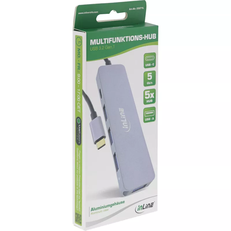 USB Hub InLine USB 3.2 USB-C Multi Hub 4x USB-A 5Gb/s + USB-C (Data/PD 87W)