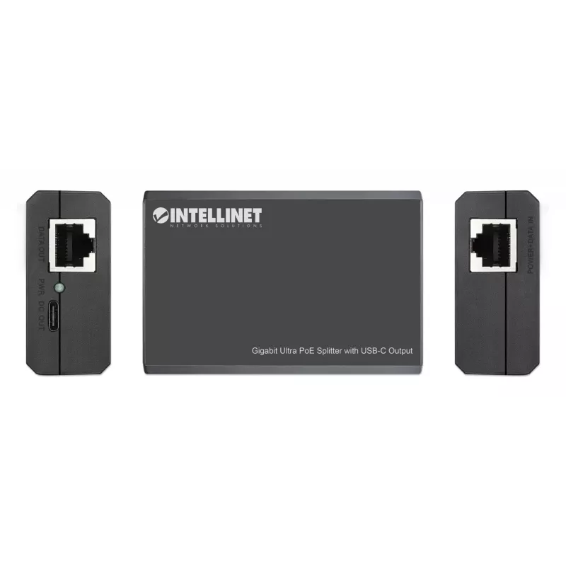 Intellinet PoE sadalītājs ar USB-C izvadi, PoE++ / 4PPoE, Gigabit Ultra, IEEE 802.3bt, RJ45 ieejas un izejas porti, līdz 45 W USB-C izvades ports