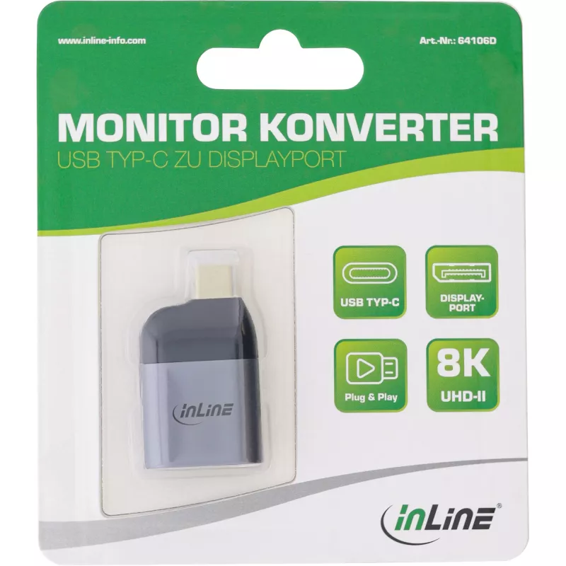 USB displeja pārveidotājs InLine 64106D USB-C vīrišķā uz DisplayPort sievišķo 8K60Hz