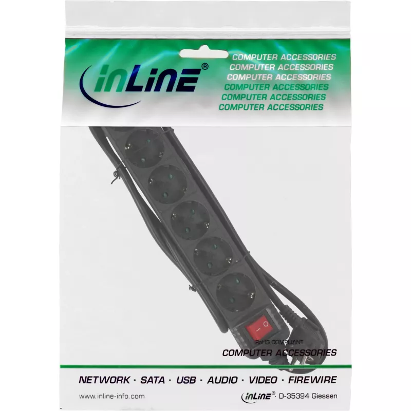 InLine kontaktligzdu bloks, 6-vietīgs ar zemējuma kontaktiem CEE 7/3, melns, 5 m