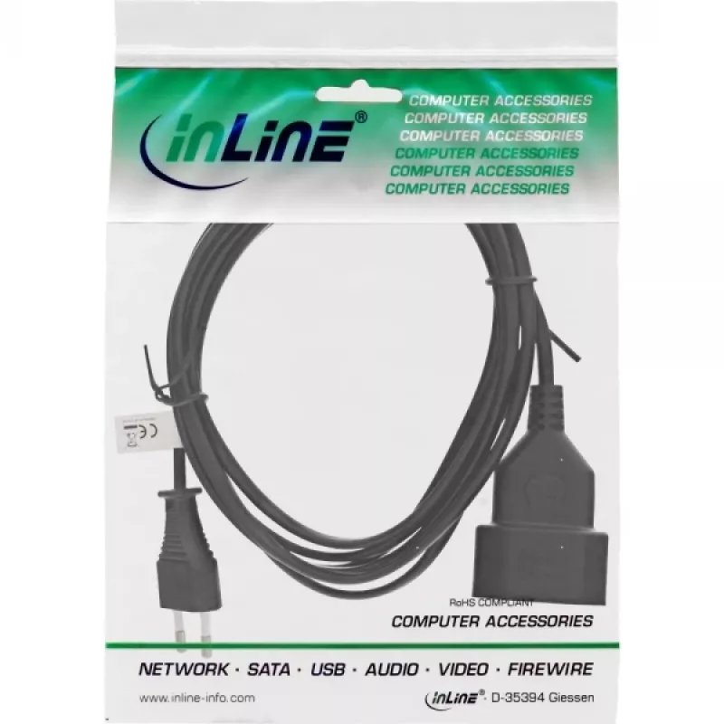 InLine Euro Type C spraudnis strāvas pagarinātājs tēviņš / mātīte, melns, 2m