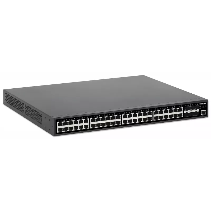 Intellinet 48-portu gigabitu Ethernet PoE+ 2+ slāņa pārvaldāms komutators ar sešiem 10G SFP+ augšupsaites portiem, atbilst IEEE 802.3at/af (PoE+/PoE) standartiem, 450 W PoE jaudas budžets, 2+/3 Lite slānis, 6 x 10G SFP+ atvērtie sloti