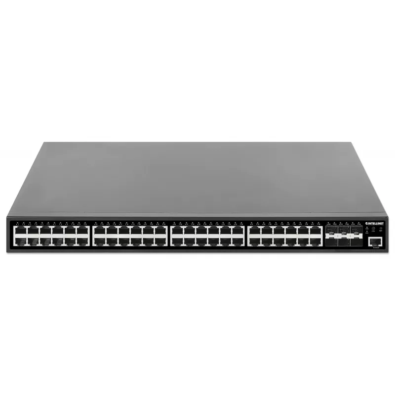 Intellinet 48-portu gigabitu Ethernet PoE+ 2+ slāņa pārvaldāms komutators ar sešiem 10G SFP+ augšupsaites portiem, atbilst IEEE 802.3at/af (PoE+/PoE) standartiem, 450 W PoE jaudas budžets, 2+/3 Lite slānis, 6 x 10G SFP+ atvērtie sloti