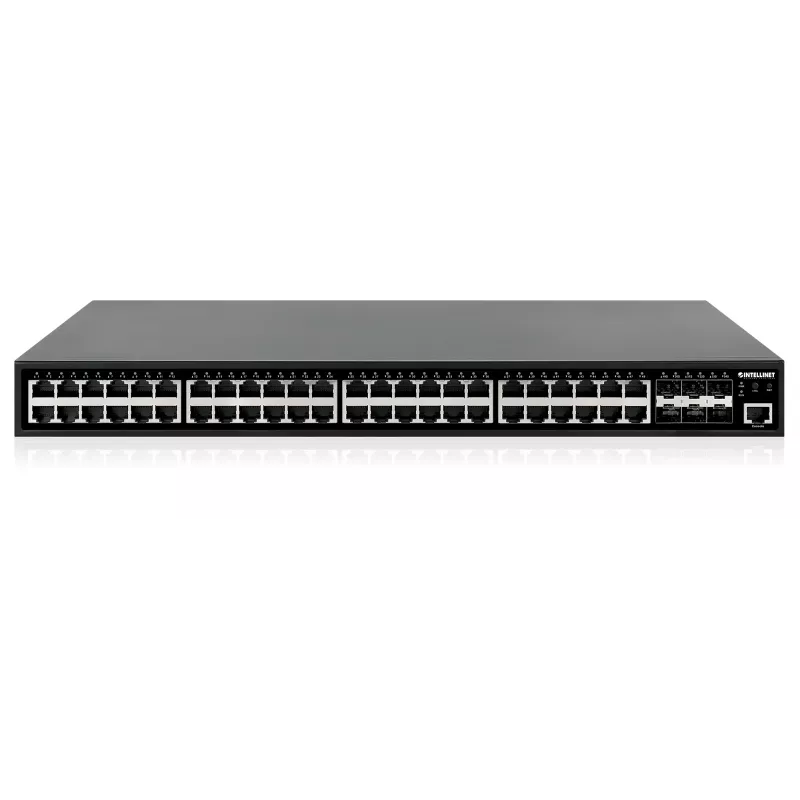 Intellinet 48-portu gigabitu Ethernet PoE+ 2+ slāņa pārvaldāms komutators ar sešiem 10G SFP+ augšupsaites portiem, atbilst IEEE 802.3at/af (PoE+/PoE) standartiem, 450 W PoE jaudas budžets, 2+/3 Lite slānis, 6 x 10G SFP+ atvērtie sloti