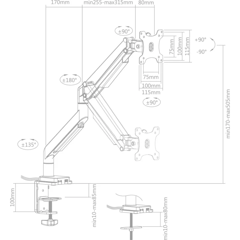 InLine galda stiprinājums ar pacēlumu un USB/audio līdz maks. 82 cm 32 collas 9 kg