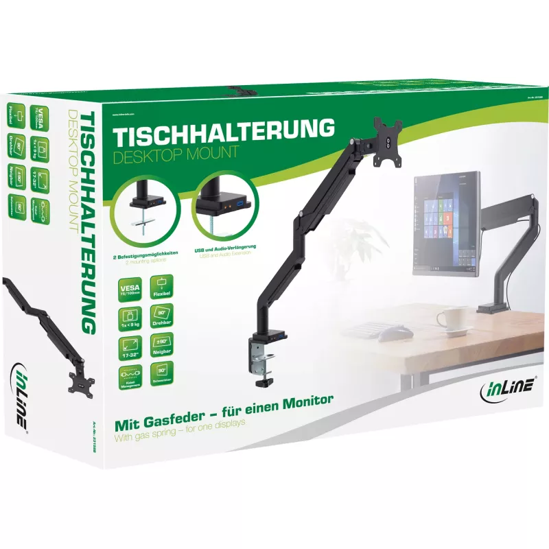 InLine galda stiprinājums ar pacēlumu un USB/audio līdz maks. 82 cm 32 collas 9 kg