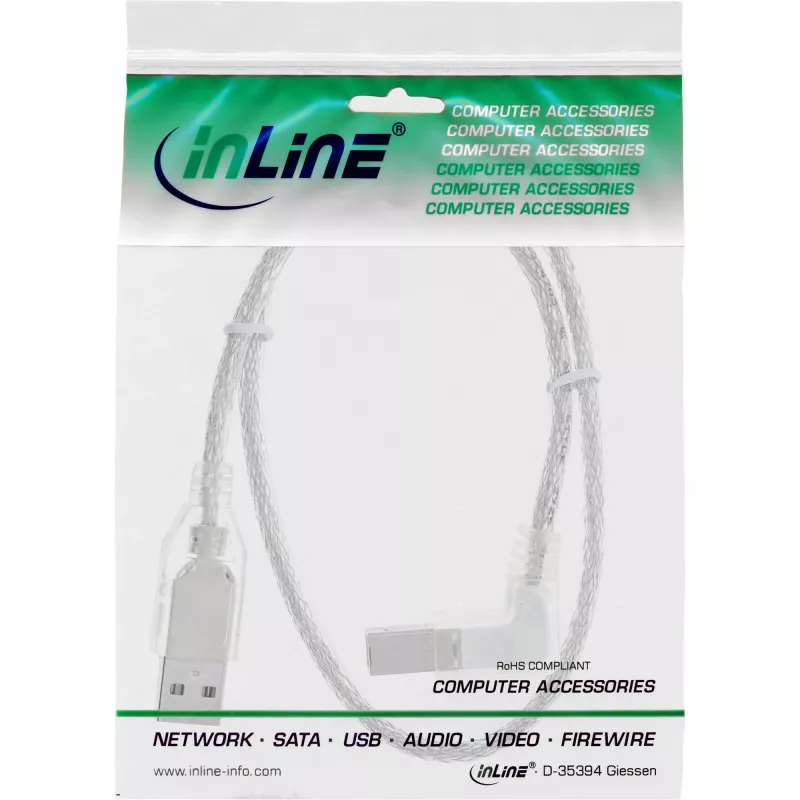 InLine USB 2.0 kabelis ar leņķveida A tipa spraudni / B tips, vīrišķais, caurspīdīgs, 1 m