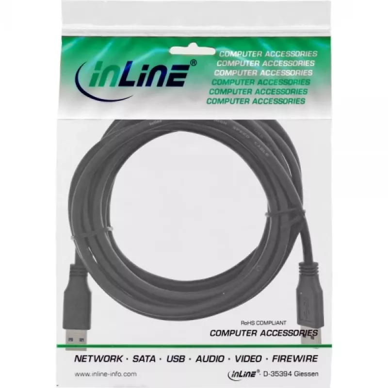 InLine USB 3.2 Gen.1 kabelis, tips A vīr./A vīr., melns, 3 m