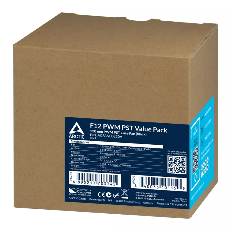 ARCTIC F12 PWM PST - 120 mm PWM korpusa ventilators, ventilators, 12 cm, 230 RPM, 1350 RPM, 0,3 sone, 90,1 m³/h