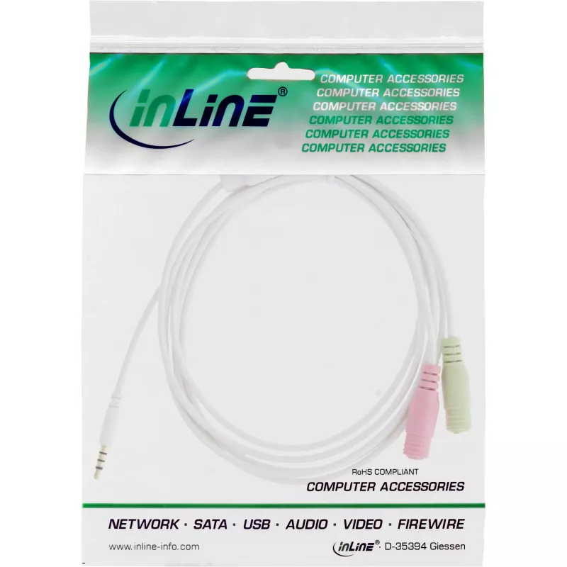 InLine Audio Headset adaptera kabelis 3.5mm male 4 Pin / 2x 3.5mm, balta, 1m