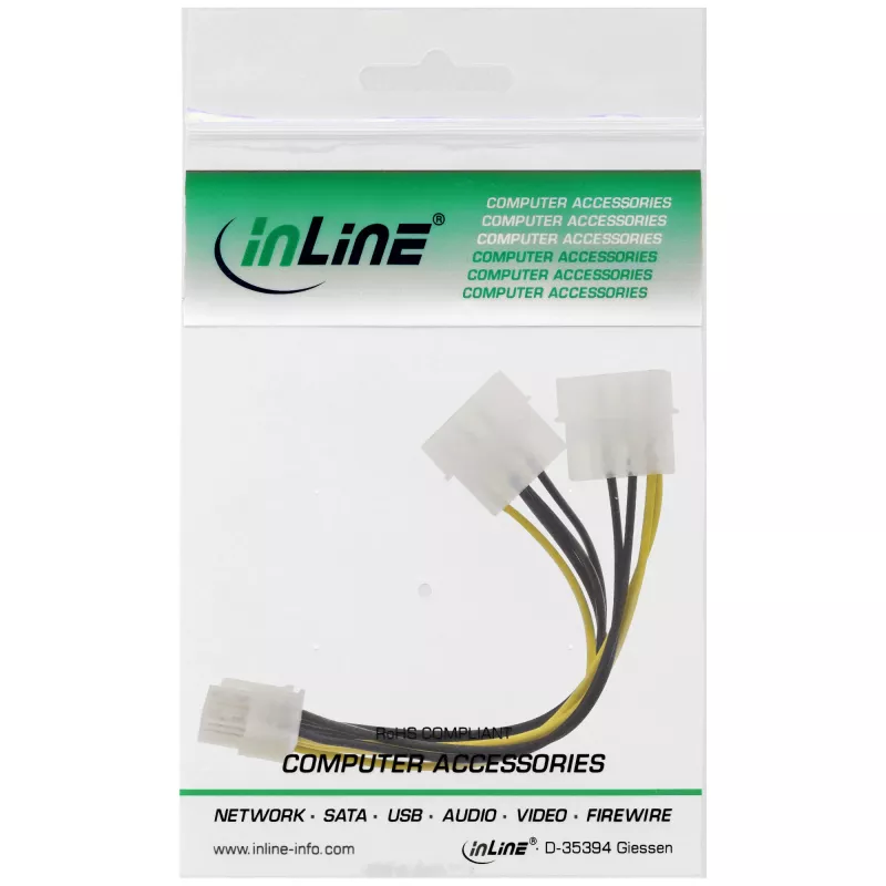 InLine strāvas adaptera kabelis, 2x 5,25 collu tēviņš / 8 kontaktu PCI-Express tēviņš, 0,15 m