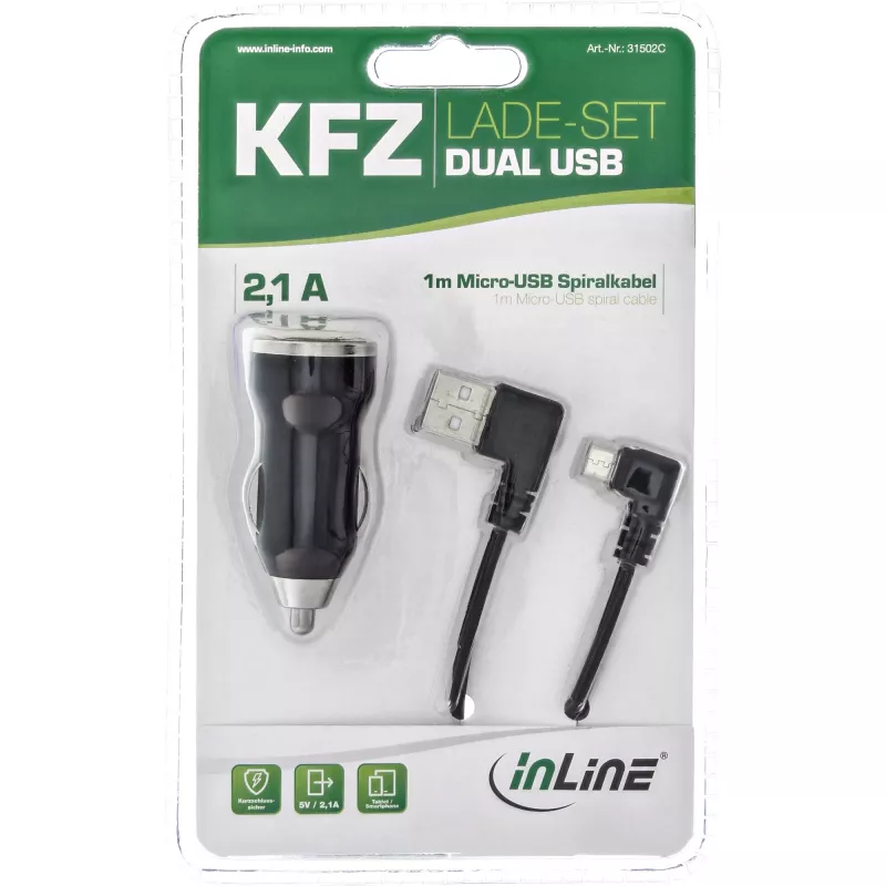 InLine USB DUAL+ KFZ uzlādes komplekts, strāvas adapteris ar 1 m spirālveida kabeli