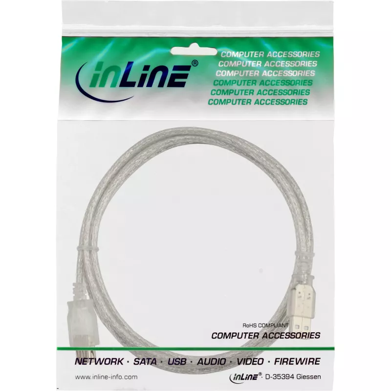 USB 2.0 pagarinātāja kabelis, A tips, vīr./siev., InLine 34650, 0,5 m, caurspīdīgs